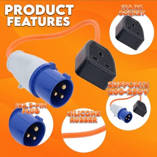 Xtremeauto Fly Lead 16amp To 13amp Adapter - 110v To 240v Converter 16 amp Plug To 16 amp Socket Converter Cable Hook Up Camping, Generators & Caravan Mains Hookup 250V 16A Electric 16amp Plug Sockets — view 4
