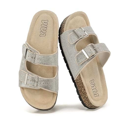 VIVASHOES Women’s Double Buckle Cork Footbed Sandals - Adjustable Flat Slide Sandals for Ladies - Comfortable Open Toe Summer Slippers with Glitter Finish - Silver UK 6