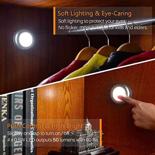 STAR-SPANGLED Tap Light Push Lights, Stick on LED Touch Puck Light AAA Battery Operated, Press Spot Lighting Indoor for Under Cupboard, Wardrobe, Cabinet, Kitchen (2.8inch, Silver, Cool White, 5 Pack) — view 2