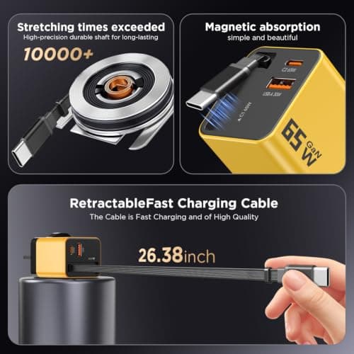65W GaN USB C Charger 3-Port with Retractable 0.7m Cable(Yellow) — view 4