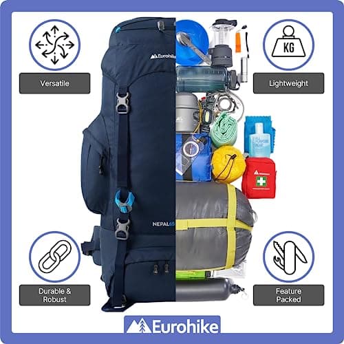 Eurohike Nepal 65 Litre Rucksack with Ventilated Back Panel & Padded Harness, 65L Backpack, Bag for Men & Women, Adjustable, Lightweight, Camping, Hiking, Trekking, Travelling, Outdoors, Blue — view 3