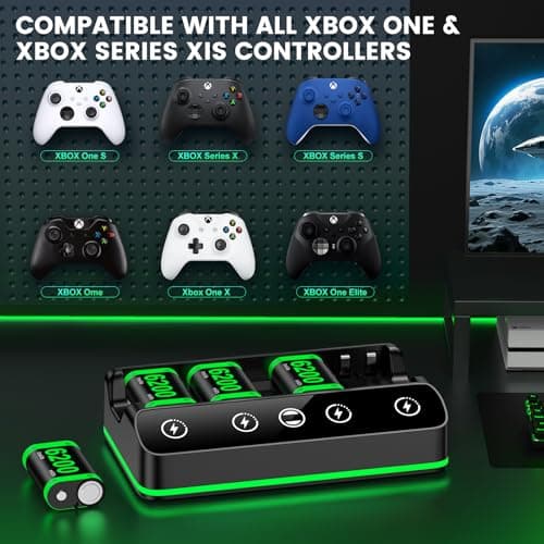 Charger with 4x6200mWh Rechargeable Battery Pack for Xbox One/Series X|S, Xbox One Series Controller Batteries Pack with Charging Station for XboxOne/S/X/Elite Controllers, Black — view 6