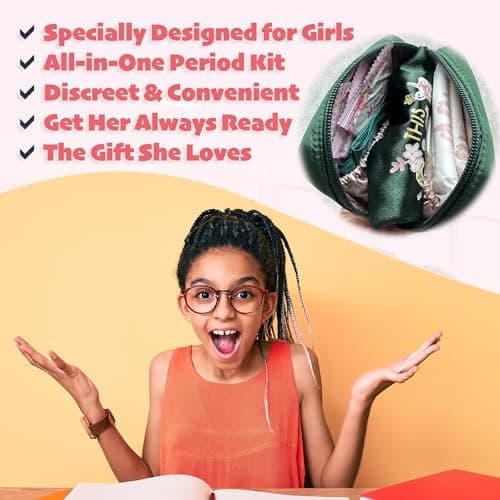 Essential Period Kit for Girls | First Period kit for Girls 10-12 | Period Bags for Teens for School | First Period Gift with Sanitary Pad Storage Bag, Wipes, Period Tracker and More (Green) — view 6