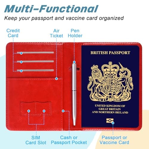 DMLuna Passport Holder, Premium PU Leather Travel Passport Wallet RFID Blocking Passport Cover Case Travel Documents Organizer with Pen Holder, for Women and Men - Red — view 4