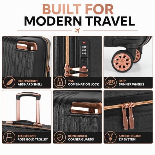 XPLR 4 Piece Hard Shell Luggage Set - Durable ABS Lightweight Suitcase - 14" 20" 24" 28" Cabin Carry On - TSA Lock - 360° Spinner Wheels - Rose Gold Trim & Vanity Case (Midnight Noir) — view 3