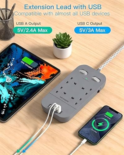 Gray Extension Lead 1.8M, 4 Way Plug Extension with 4 USB Slots(2 USB C) — view 4