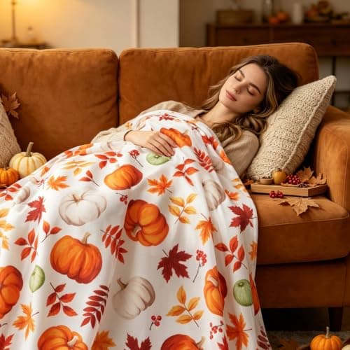 Autumn Decor Pumpkin Print Orange Blanket - Soft Flannel Autumn Blanket — view 6