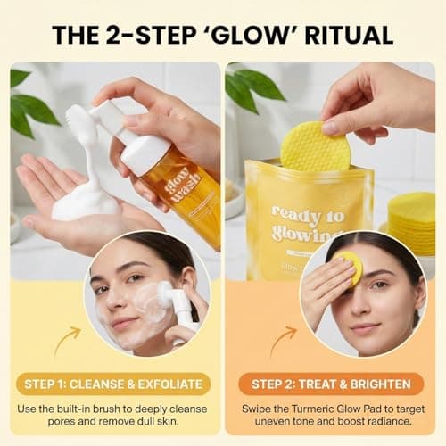 2 Pcs Turmeric Face Wash with Brush & Turmeric Kojic Acid Cleansing Pads, Skin Care Set for Deep Cleansing and Brightening, Exfoliating, Pore Cleansing Facial Kit for Radiant Skin, for All Skin Types — view 3