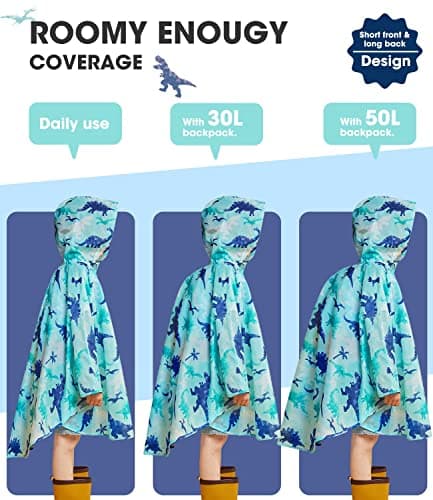 WAWSAM Kids Poncho Waterproof - Dinosaur Rain Poncho for Boys - Lightweight Hooded Raincoat with Storage Bag - Portable Rainwear for School & Travel — view 3