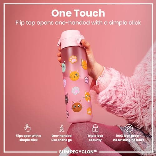 Ion8 Water Bottle, 500ml/18oz, Slim Leak Proof & BPA-Free Drinking Bottle, Secure Lock Prevents Spills, Dishwasher Safe, Carry Handle, Ideal for Adults & Kids - Travel, Gym & School, Cats — view 3