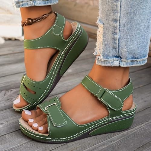 Sandals For Women Green Sports Hiking Shoes Comfort Wedge Open Toe Ankle Strap Beach Shoes Summer Slides with Adjustable Strap — view 2