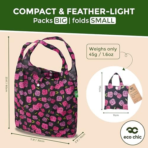 ECO CHIC Lightweight Foldable Reusable Shopping Bag Water Resistant Tote Bag (Mackintosh Rose Black) — view 4