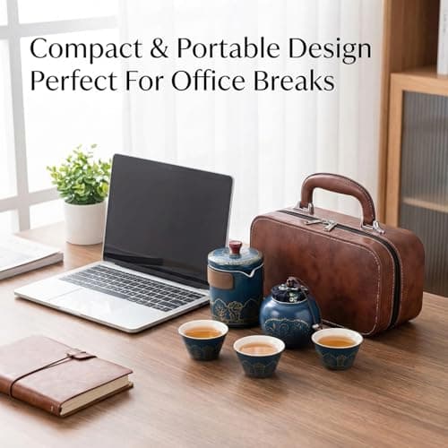 Complete Ceramic Travel Tea Set with Leather Case,Blue Chinese Tea Gift Set with Teapot, 3 Cups & Tea Caddy, Portable Tea Maker for Car, Camping, Office, Home Kitchen Daily Use and Family Tea Time​ — view 4