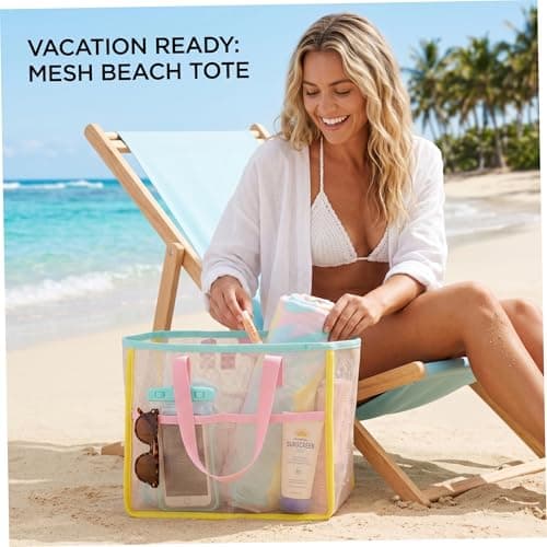 Ameble Quick-Dry Mesh Beach Bag, Net Tote with Large Capacity for Sand Toys, Pool Essentials, Shells, Wet Swimsuits, Lightweight & Breathable - Style-2 — view 6