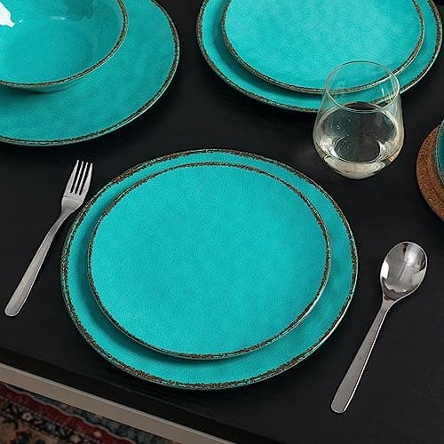 LEHAHA Rustic Melamine Dinnerware Sets, 12-piece Dishes Plastic Dinnerware Set for 4, Break-resistant Plates and Bowls Set, Outdoor Casual & Party Use Kitchen Dishes Set, Teal… — view 2