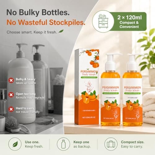 Persimmon Body Wash, Persimmon Shower Gel, Gentle Shower Gel, 2 Pack Body Wash - 120ml Compact Pump Bottles, Fresh Fruity Cleanser for Women, Men & Seniors — view 6