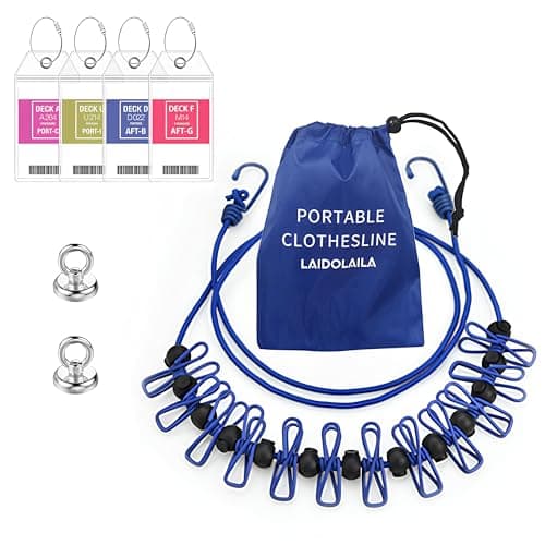 Magnetic Retractable Clothes washing Line for Cabin - Approved 2026 Cruise Essentials Clothes Drying Rack Travel Clothesline with Clothespins -4 Luggage Tags Strong Magnets Hooks (Blue)