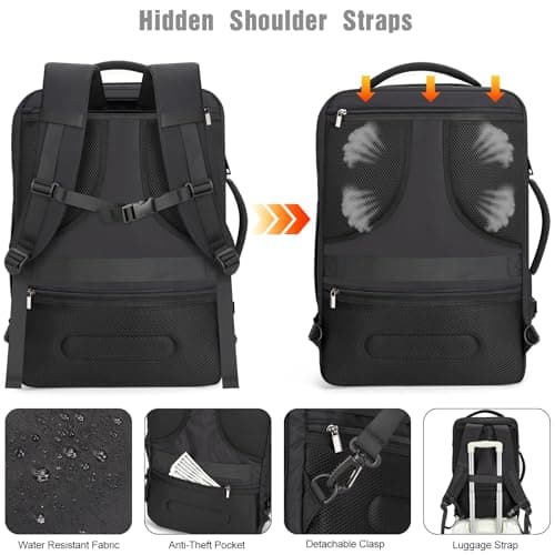 Tzowla Travel Laptop Backpack Cabin Size 40L Mens Womens,Carry on Large Capacity Anti Theft Backpacks for Travelling with USB Charging Port,Business Causal Daypack Bag Fits 17.3Inch Laptop,Black — view 5