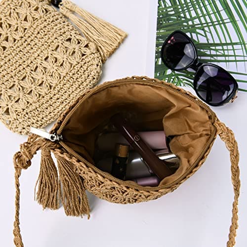 Straw Bag for Women, Summer Beach Straw Purse with Tassel, Weave Handmade Single Crossbody Bag with Zipper, Bohemian Shoulder Purse for Summer Beach Travel — view 3