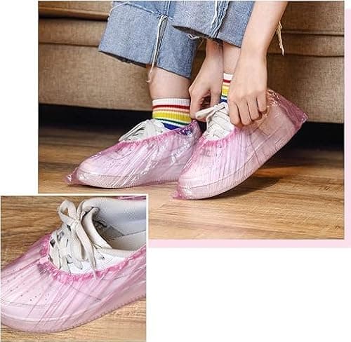 100 Pieces Disposable Shoe Covers - Pink Plastic, Anti Slip, Dust Proof, Waterproof Overshoes – Indoor, Outdoor, Carpet, Floor, Rain, Boot, Safety, Cycling, Strong Foot Covering — view 4