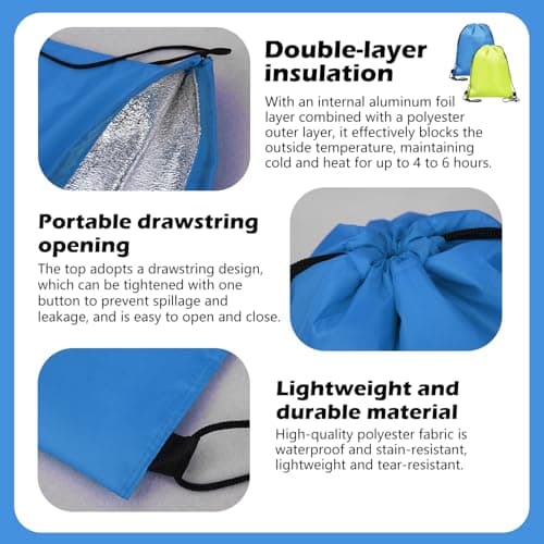 Pack of 2 Drawstring Cooler Bag Cooler Bag Backpack Reusable Foil Bags for Work School Travel (Sky Blue, Fluorescent Green) — view 3