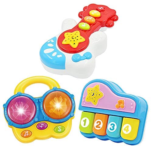 WEofferwhatYOUwant Baby Musical Instrument Set – Piano, Bongos & Guitar with Light-Up Projector & Songs | Interactive Toys for Babies 6+ Months | Auto-Off, Batteries Included, Safe & Travel Ready