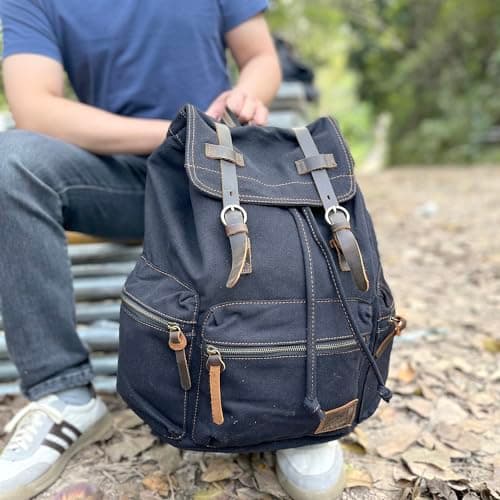 AUGUR High Capacity Canvas Vintage Backpack - for School Hiking Travel 12-15.6" Laptop Backapcks for men Casual Daypacks (Larger-Black) — view 3