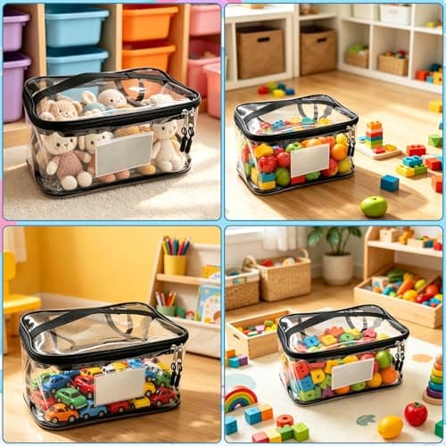 6pcs XL Clear Toy Storage Bags with Handles, Zipper Mesh Storage Bag, Black — view 6