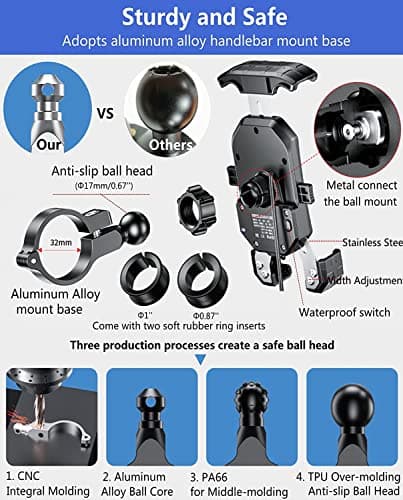 KEWIG Motorcycle Phone Holder - Wireless 15W & USB C 20W Fast Charger, Waterproof Motorbike Phone Mount with Aluminum Alloy Base, Fits 4'' - 7'' Cellphones — view 4