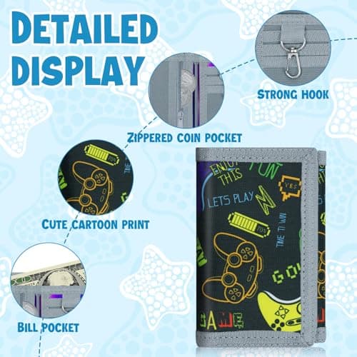 Teens Cool Wallets for Boys & Girls with Zipper Coin Pocket Card Slot, RFID Trifold Canvas Outdoor Lovely Design Magic Sticker for 12-16 Ages(Black Game) — view 2