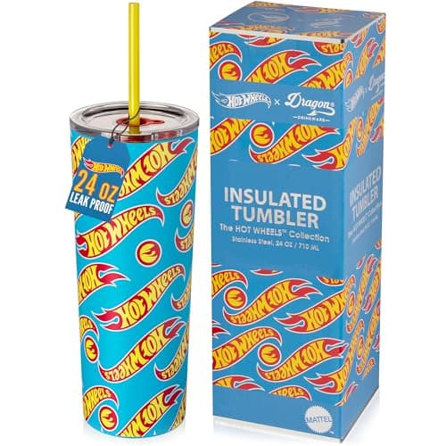 Dragon Glassware x Hot Wheels Insulated Tumbler with Lid and Straw - 24 oz Stainless Steel Cup with 2 Straws - Travel Coffee Tumbler - Race Team