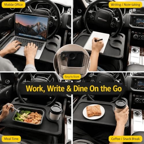 kefeimumu Car Steering Wheel Tray 2-in-1, Portable Car Laptop Table Eating Desk, Universal Vehicle Mounted Workstation with Cup Holder for Commuters & Travel,Fits Most Vehicles Black — view 6
