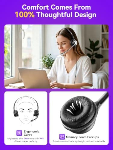 Wantek USB Headset With Microphone For Laptop, PC Headphones With Mic Noise Cancelling, Computer Headsets With In-Line Volume Control & Mute, Compatible with Ms teams, Zoom, Webex, Office, Home — view 3