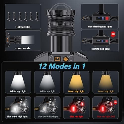 Led head torch rechargeable, 100000 LM Super Bright headtorch with 12 Modes & 30 Hrs+ Runtime & Motion & Zoomable & IPX7 Waterproof, Adjustable Red & Warm Light Headlight for Running, Camping, Fishing — view 5