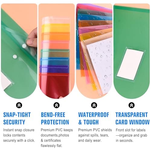 Mutsitaz A4 Plastic Wallets – 8 Pack Document Folders, 8 Bright Colors, Waterproof File Sleeves for Paperwork, School, Office, Home & Travel Organization — view 4