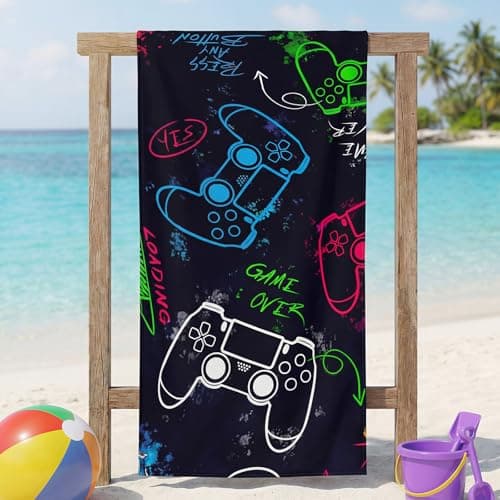 Vxcvzv 1 Piece Beach Towel Swimming Towels for Kids - Gaming Controller Design - Soft and Lightweight Blanket for Camping Showers Boys Bath Pool Camping Travel 75 x 150cm (Black) — view 3