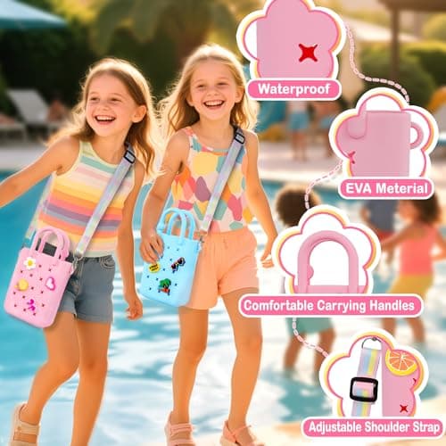Oudizz Mini Rubber Tote Bag, EVA Waterproof Beach Tote for Little Girls And Woman, Silicone Hole Small Beach Tote for Travel Outdoor, Cute Rubber Beach Bag with 20 Charms & Adjustable Shoulder Strap — view 5