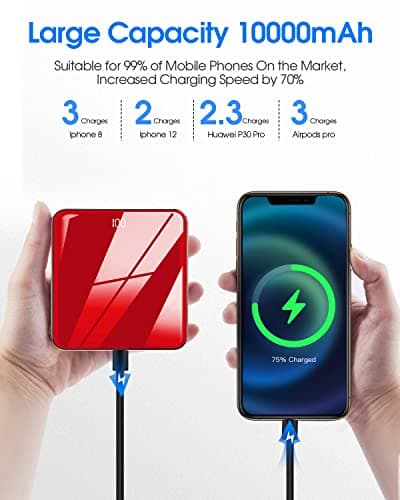 Portable Charger, 10000mAh Power Bank with Built in 4 Cables, Slim Smallest Portable Charger LED Display, External Battery Pack Travel Essential Phone Charger for iPhone Samsung iPad Android (Red) — view 5