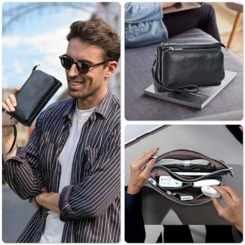 Electronic Organizer Zipper Bag Tech Kit, Top Grain Leather Handmade, Portable Compact Travel Apple Accessories Storage Pouch Fits Phone, USB Cables, Power Banks, Chargers, Hard Drive, Black — view 3