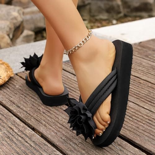 Flower Flip Flops Women Beach Slippers Size 5.5 Boho Open Toe Slip on Flat Sandals Summer Comfortable Yoga Mat Thong Sandals for Pool, Travel Vacation Slippers Flower Black Footwear Gift — view 2