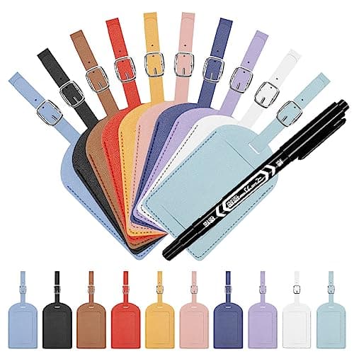 Swpeet 11Pcs 10 Colors Leather Luggage Tag, Luggage Tag Faux Leather for Suitcase with A Marker Pen, PU Leather Name ID Labels Privacy Luggage Labels with Loop, Travel ID Bag Tags Business Card Holder