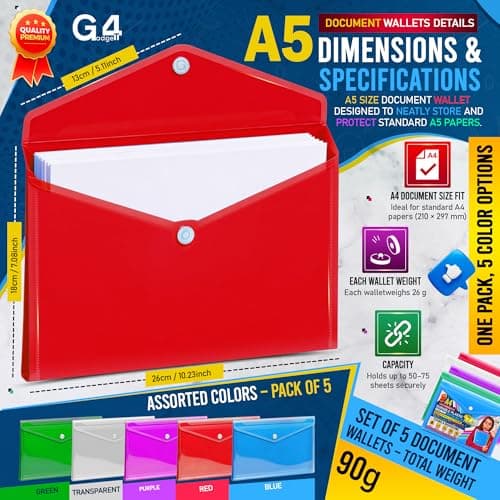 G4GADGET A5 Plastic Document Wallets with Popper - Pack of 5 | Assorted Colors | Waterproof, Durable & Transparent A5 File Folders for School, Office, Home & Travel — view 4