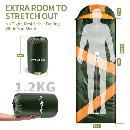 WakeSpring 3-Season Sleeping Bag for Camping - Windproof & Water-Repellent (170T Shell) - 1.2kg Lightweight & Portable - Zip-Together Double Size for Couples & Families (Army Green) — view 4