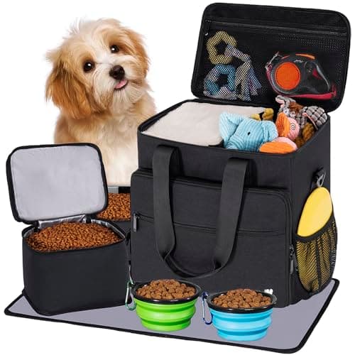 Dog Travel Bag, Includes 2 Food Containers, 2 Foldable Bowls, 1 Feeding Mat