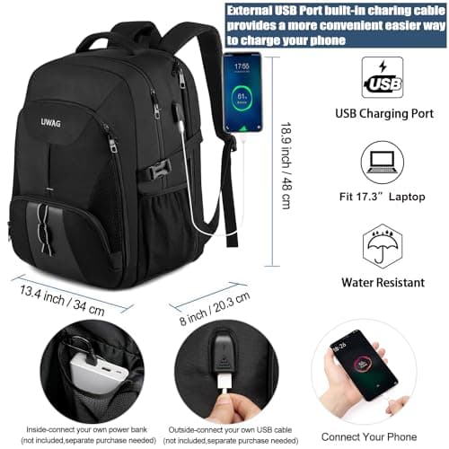 Extra Large 50L Travel Laptop Backpack,Water Resistant Work Backpack Bag with USB Charging Port,Anti Theft Big Business Backpack,College School Computer Rucksack for Men Women,Fits 17Inch Laptop-Black — view 3
