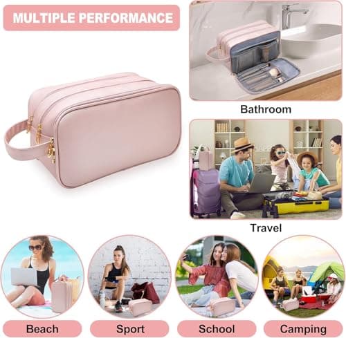 ABCHCHS Travel Toiletry Bag for Women- PU Leather Makeup Cosmetic Bag - Waterproof Organizer for Toiletries Accessories - Dopp Kit Case - Multifunction Packing Organizer Pouch (Pink) — view 5