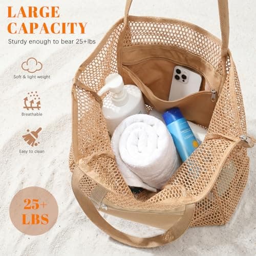 Dntorx Women's Mesh Beach Bag, Lightweight Khaki Beach Tote for Travel — view 4