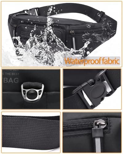 Large Bumbag Waist Fanny Pack Running Belt for Men Ladies Women, Bum Bag with 6-Zipper Pockets Adjustable Belt (Black) — view 5
