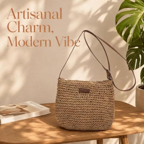Qixkuric Straw Crossbody Bag, Summer Beach Crossbody Bag Beach Bags with Adjustable Strap Zipper Closure Woven Shoulder Bags for Holiday Travel Girls Gifts Picnic Daily Use 26.6 x 26.4 x 3.9cm — view 6