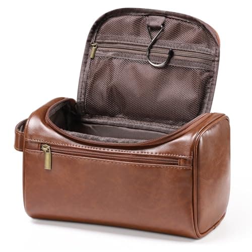 Leather Toiletry Bag, Etercycle Hanging Wash Bag PU Travel Toiletry Bag Waterproof Bathroom Bag for Men and Women Travel Makeup Organizer (Brown)